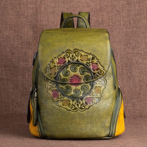 Motaora Fashion Backpack Retro Genuine Leather Backpacks For Women Embossed Vintage Bag China Style Backpack Ladies